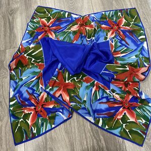 Vintage Anne Klein Pure Silk Scarf 35” Sq Blue & Colorful Jungle Floral Print